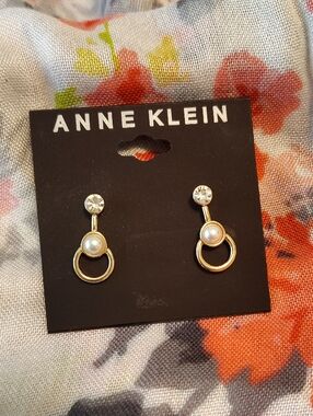 New Anne Klein Imitation Pearl Orbital Pave Drop Goltone Earrings
